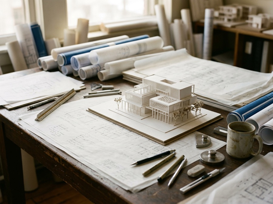 Architect's desk with building model